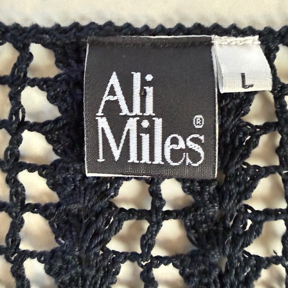 Ali Miles Black Crochet Knit Button Front Short Sleeve V Neck Top Size Large - Picture 5 of 9